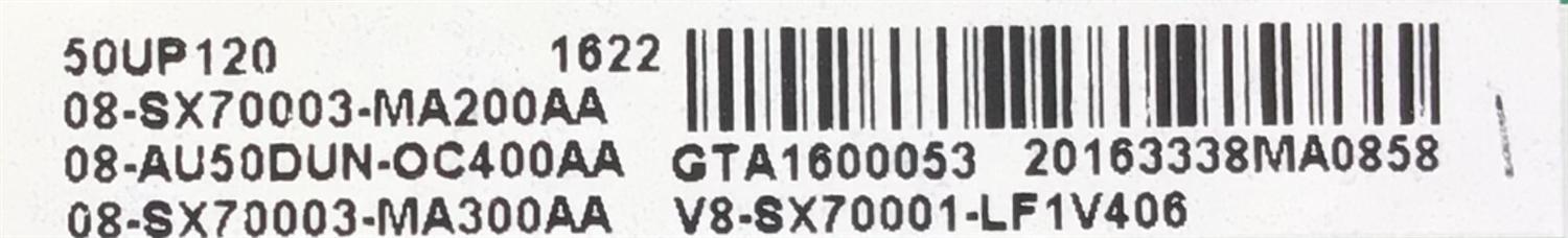 KIT DE TARJETAS PARA TV TCL / NUMERO DE PARTE MAIN 08-AU50DUN-OC400AA / 40-SX7KNA-MAG4HG / V8-SX70001-LF1V406 / T-CON 55.50T28.C03 / 5550T28C03 / 43T03-C00 / FUENTE 08-LE921A6-PW200AX / 40-LE9226-PWE1CG / PANEL LVU500ND1L / MODELO 50UP120 / 50UP120TBAA - Imagen 2